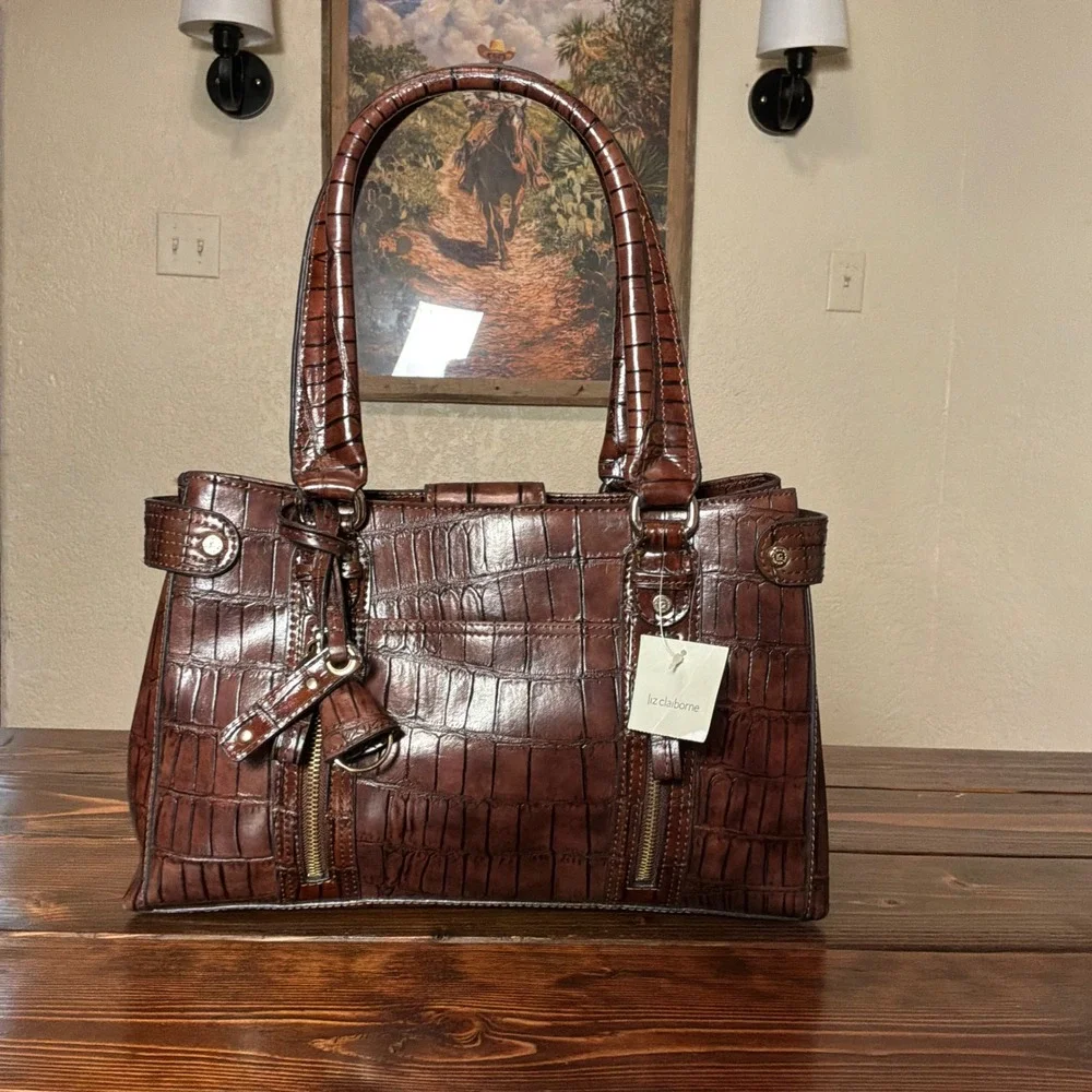 Liz Claiborne Satchel Women Large Brown New Y2K Croc Embossed Faux Leather